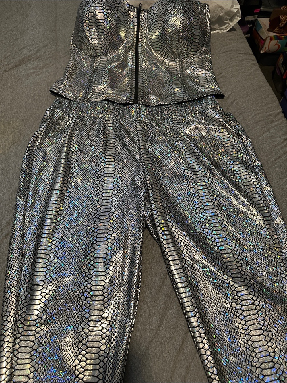 Ashley Stewart Holographic Silver Snake-Print Strapless Jumpsuit